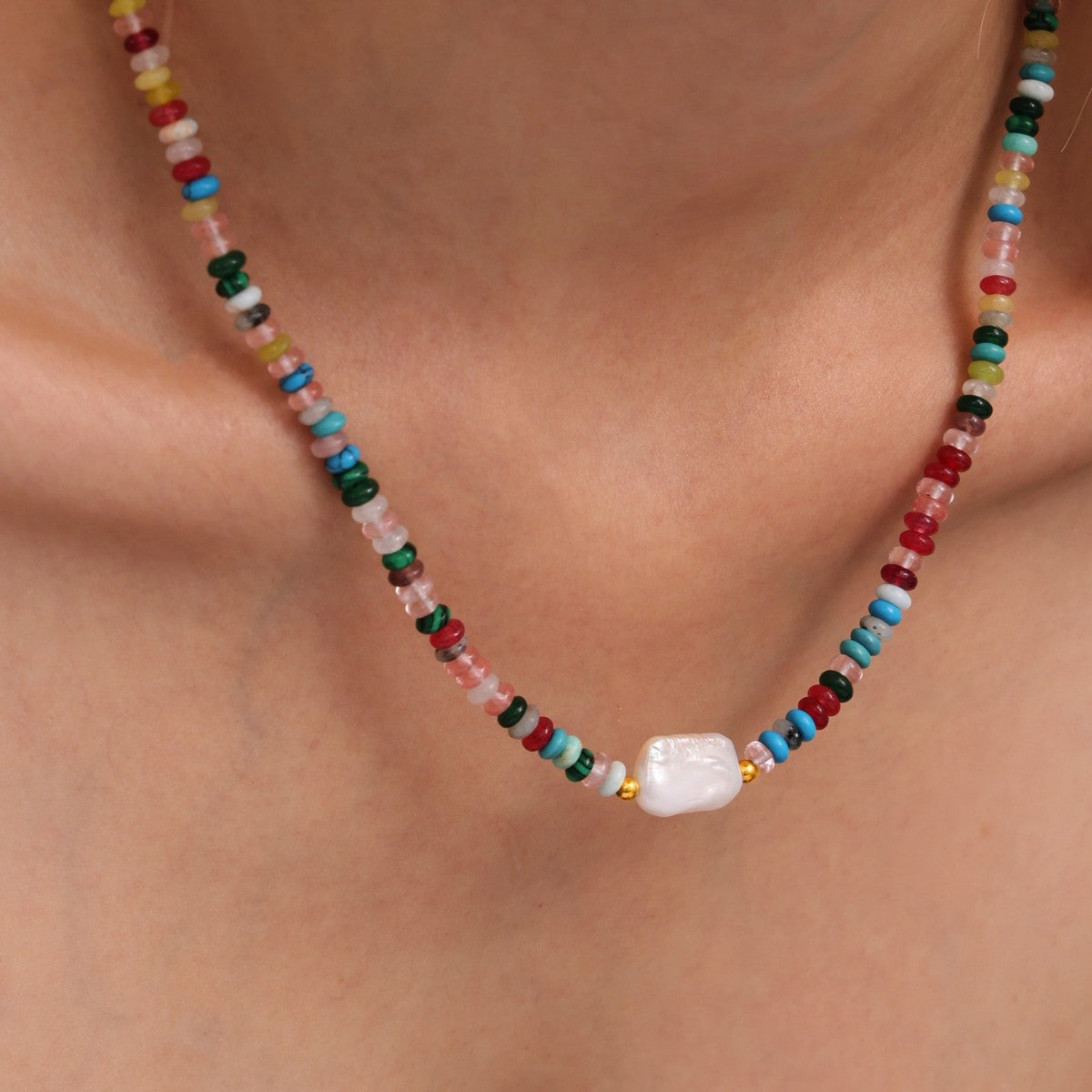Model Wearing Boho Pearl Necklace with Colorful Beads – 40+5cm Length

