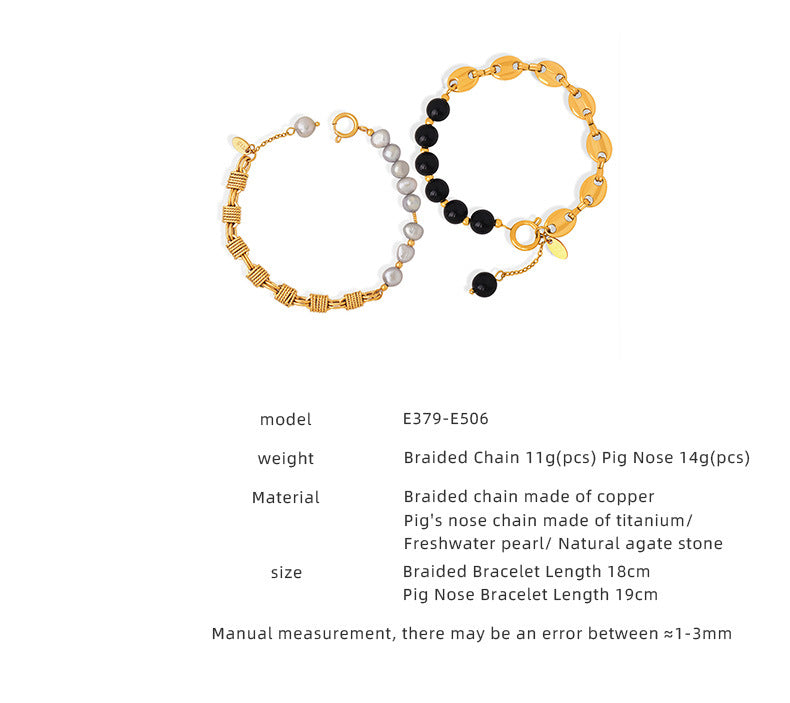 Classical Freshwater Pearl Handmade Beaded Natural Stone Black Agate Bracelet