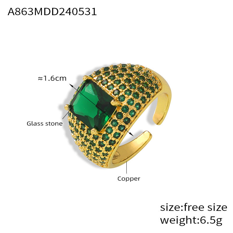 INS style Adjustable open ring Copper plated 18K gold colored zircon ring