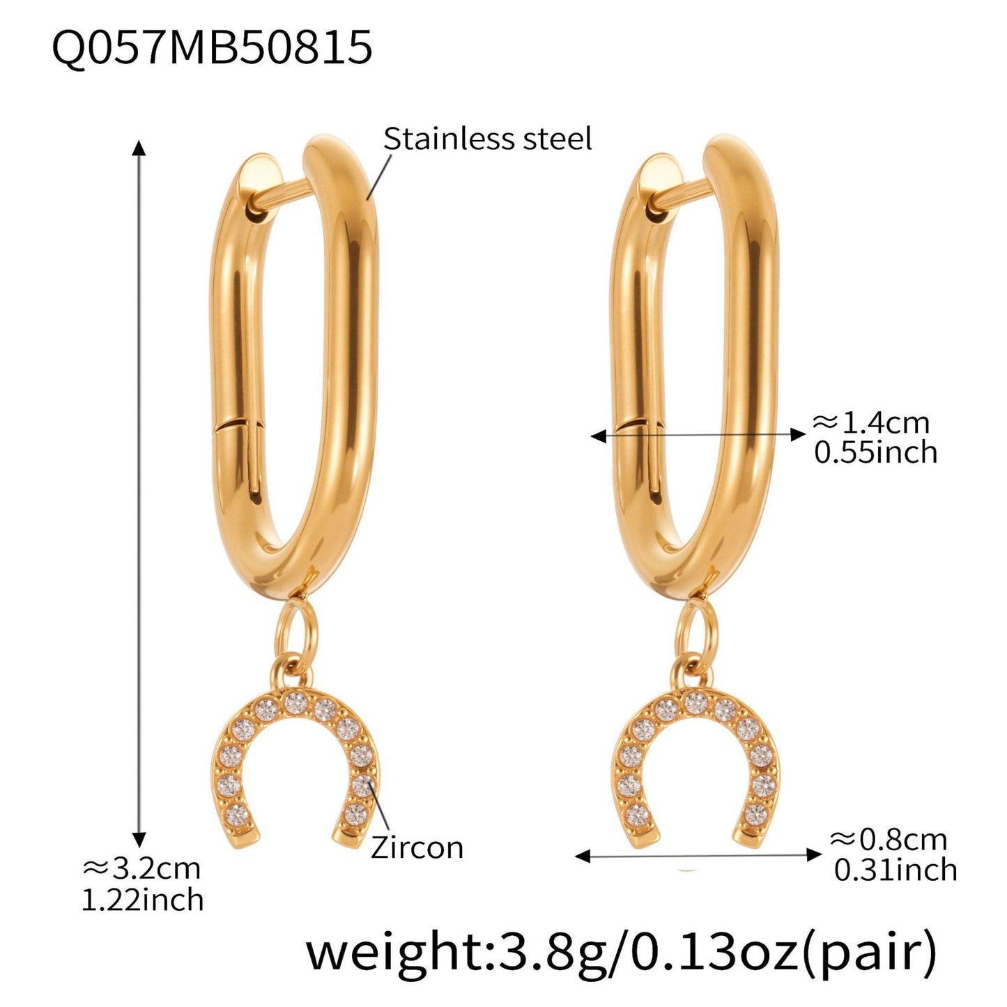 Gold hoop earrings with horseshoe charms and measurements on a white background