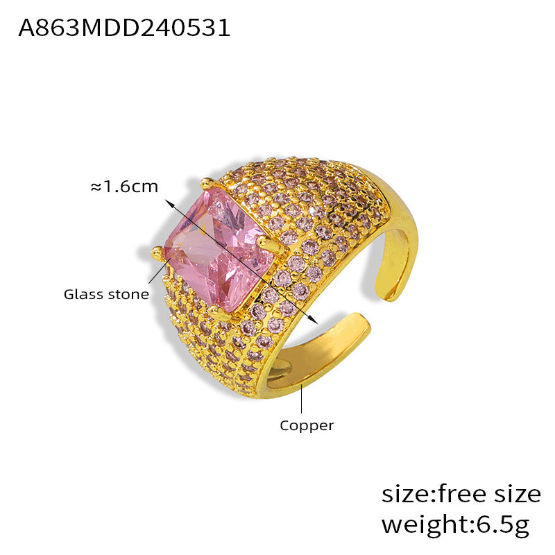 INS style Adjustable open ring Copper plated 18K gold colored zircon ring