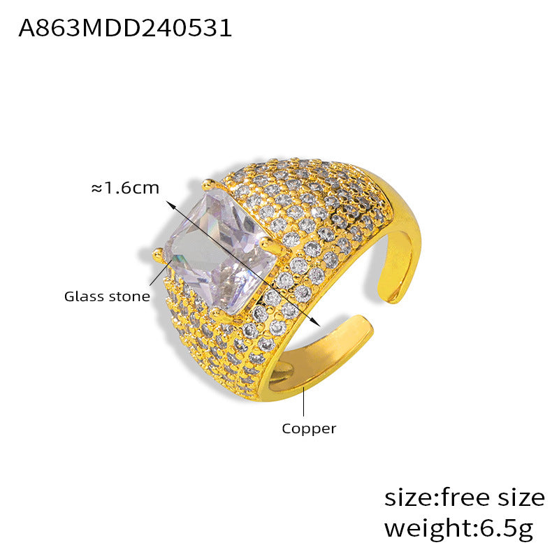 INS style Adjustable open ring Copper plated 18K gold colored zircon ring