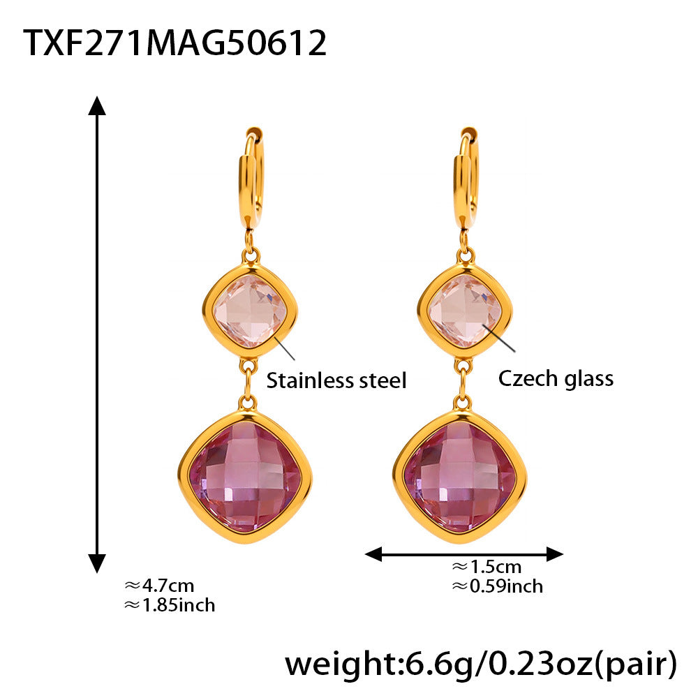 Pink and lilac gemstone dangle earrings in waterproof gold stainless steel