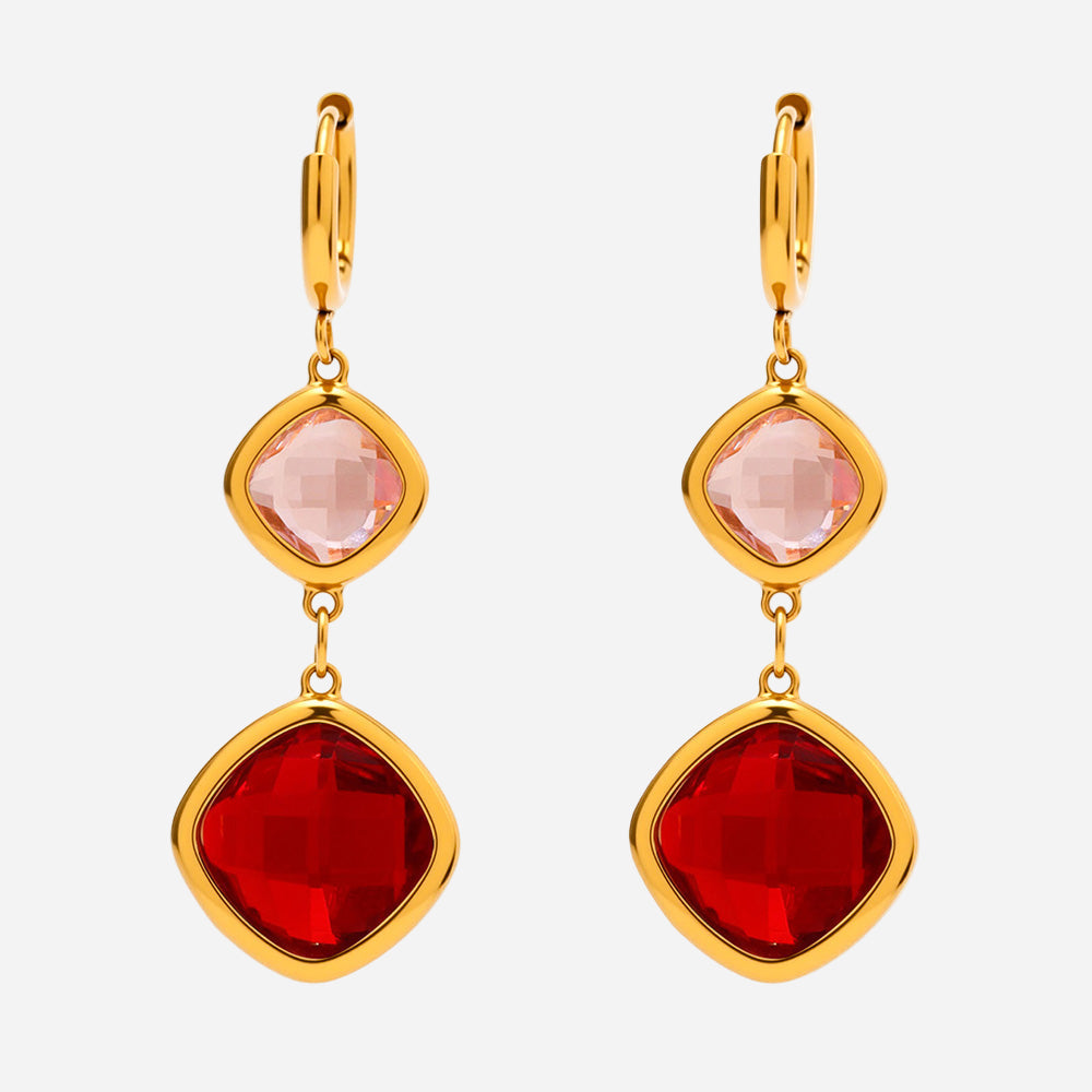 Pink and red gemstone dangle earrings for women in 18K gold stainless steel, waterproof and hypoallergenic