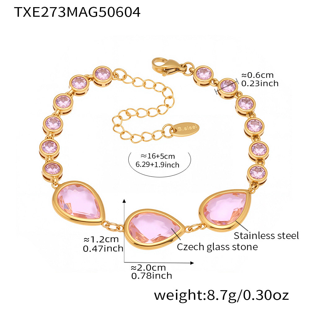 Pink sea glass teardrop bracelet specifications and sizes, gold stainless steel, hypoallergenic