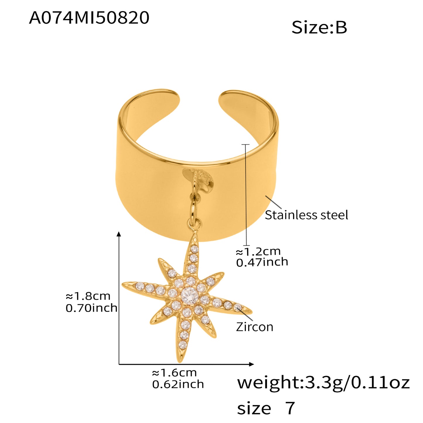 Super Shiny Full Zirconium Star Pendant Open Ring Stainless Steel