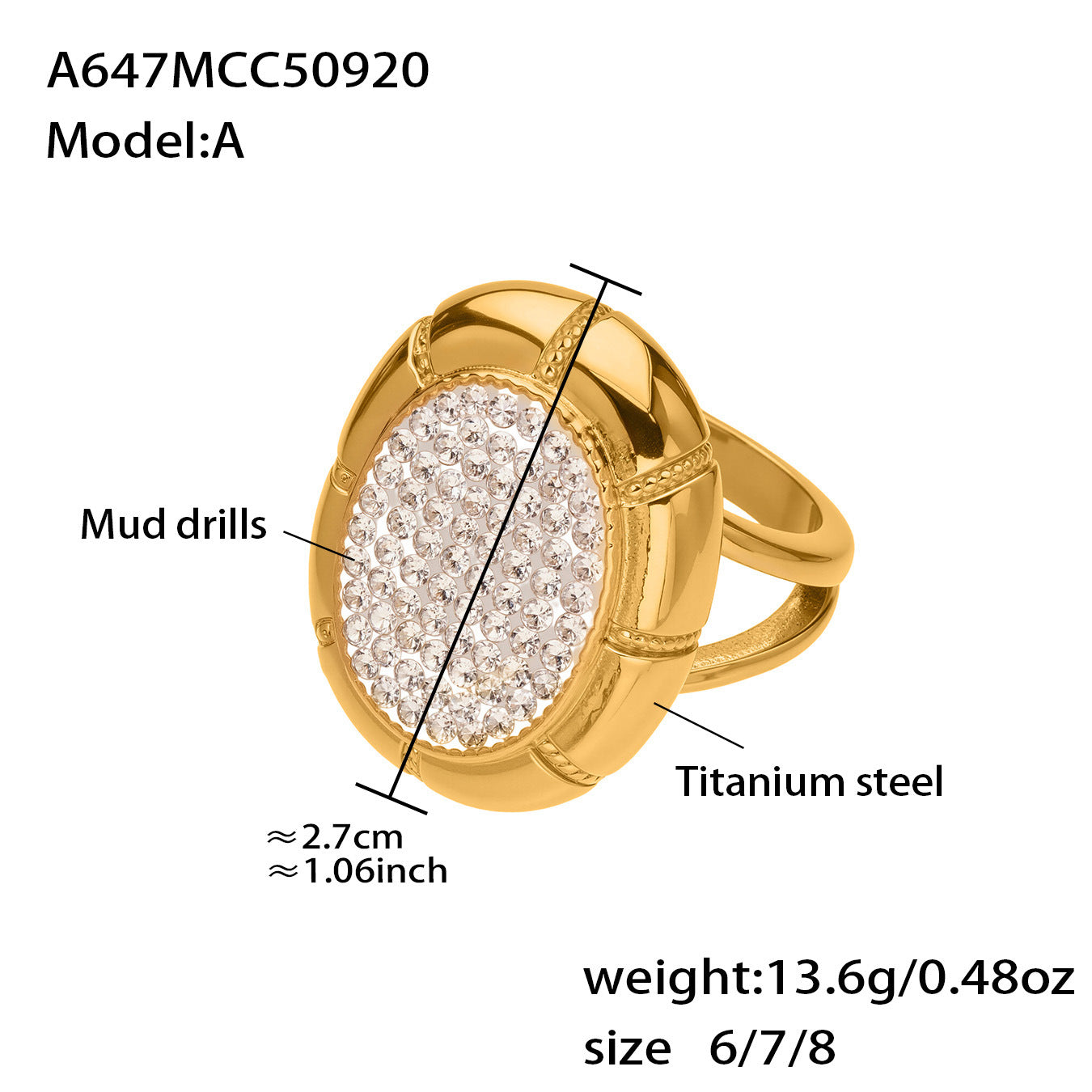Stainless Steel ring With Mud Diamond Stone Gold Color