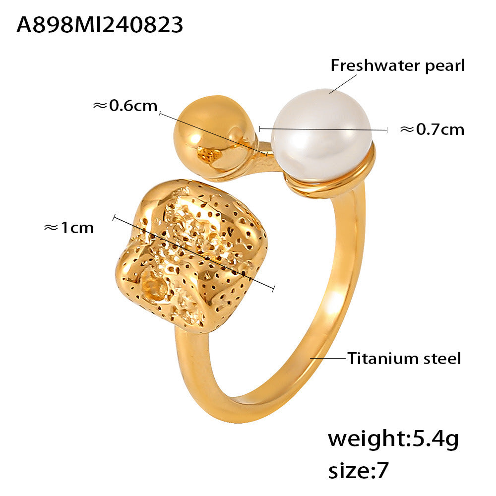 Gold stainless steel freshwater pearl ring with adjustable hollow open band, measurements and weight shown