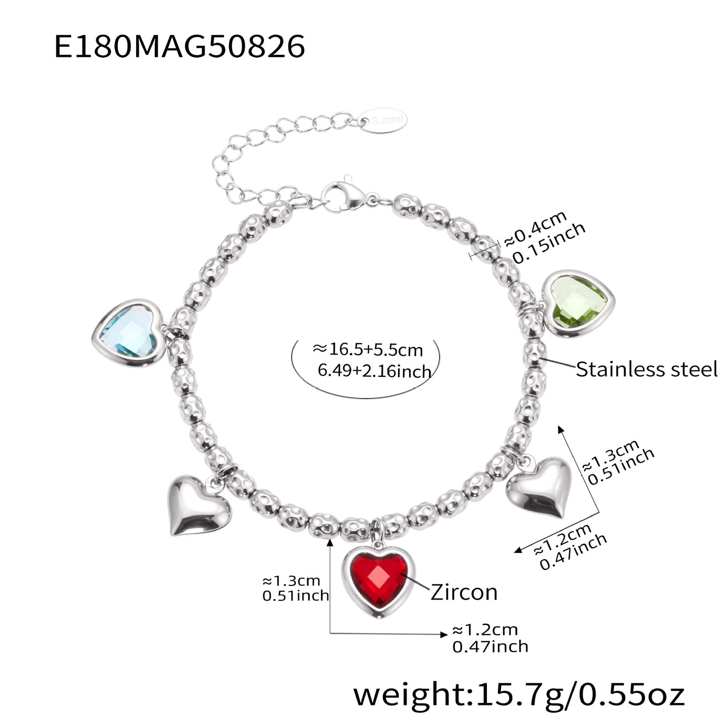 Vintage Heart Charms Stainless Steel Jewelry Bracelet