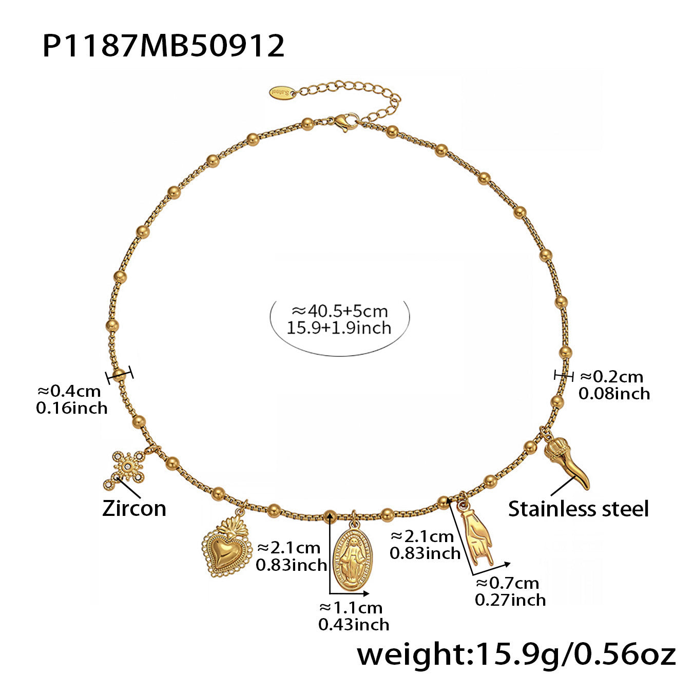 Stainless Steel Beaded Chain Love Heart Jesus Cross Diamond Necklace