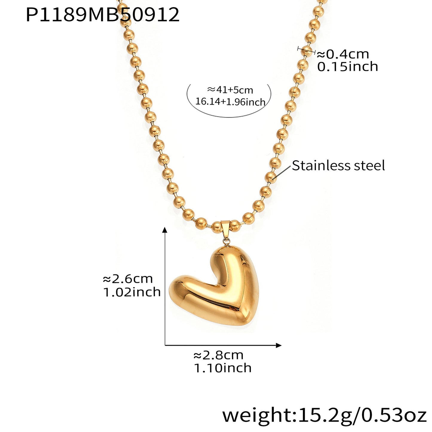 Stainless Steel Heart Pendant Round Bead Necklace
