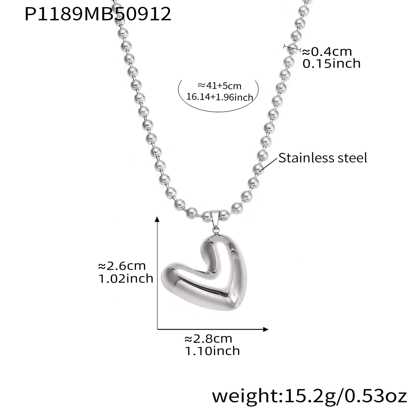 Stainless Steel Heart Pendant Round Bead Necklace