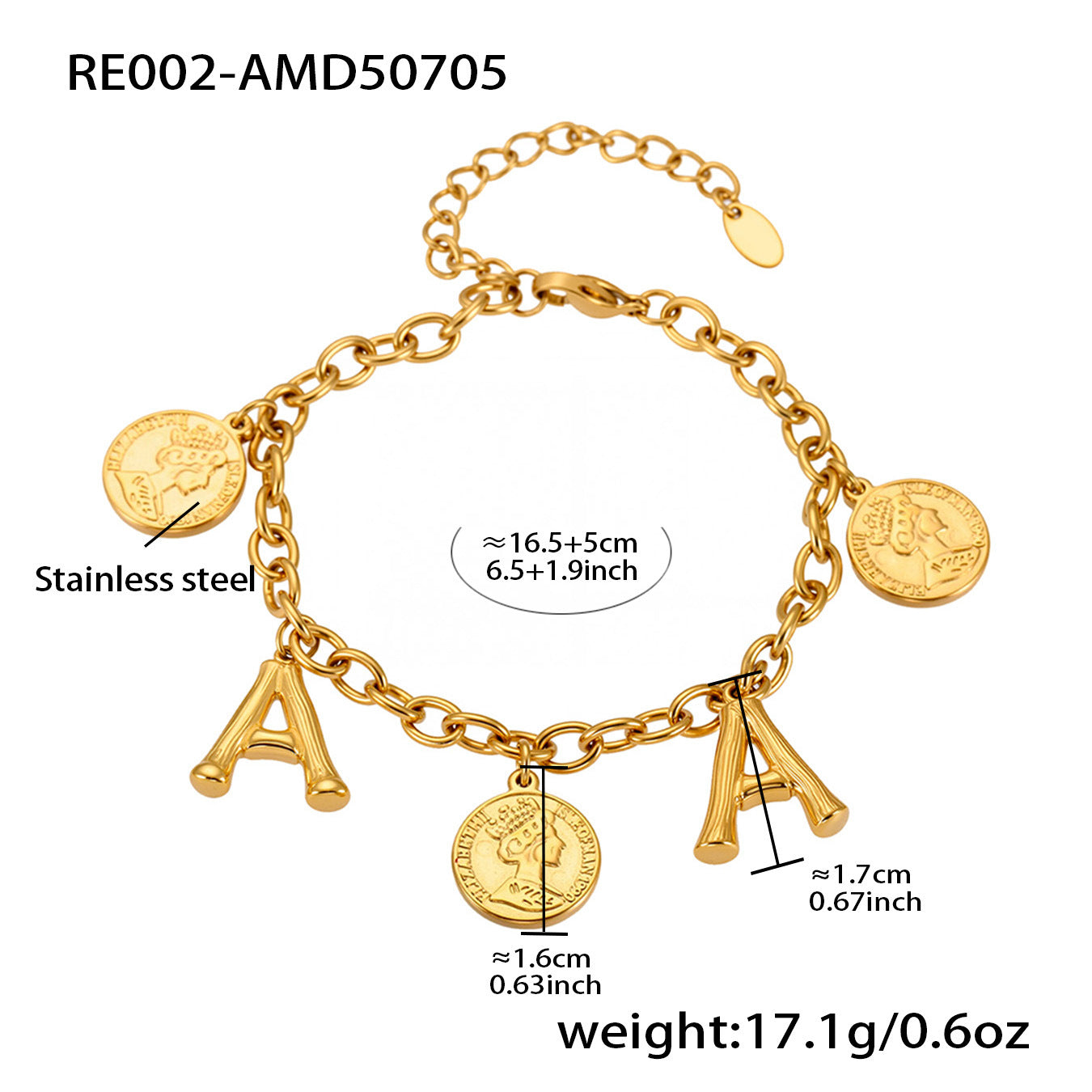 Gold bracelet with charms and measurements on a white background