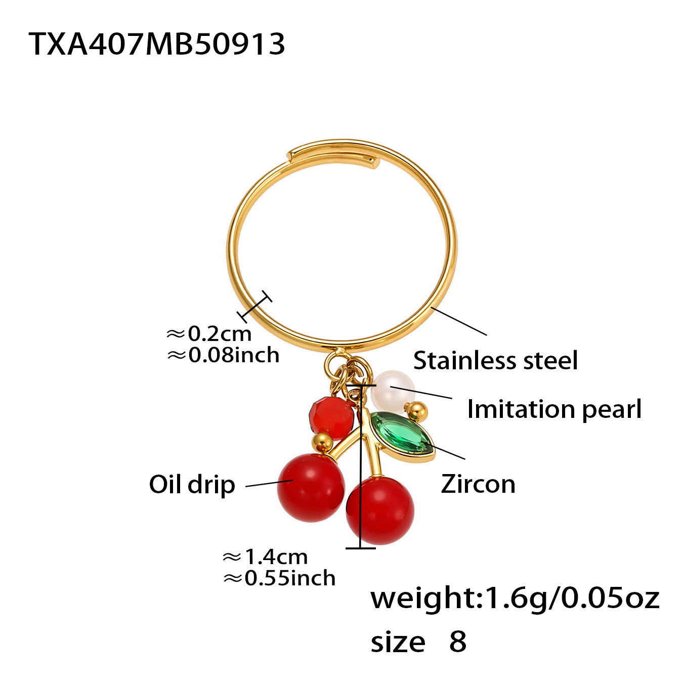 Stainless Steel Oil-dripped Red Cherry Finger Rings Inlaid With Zircon