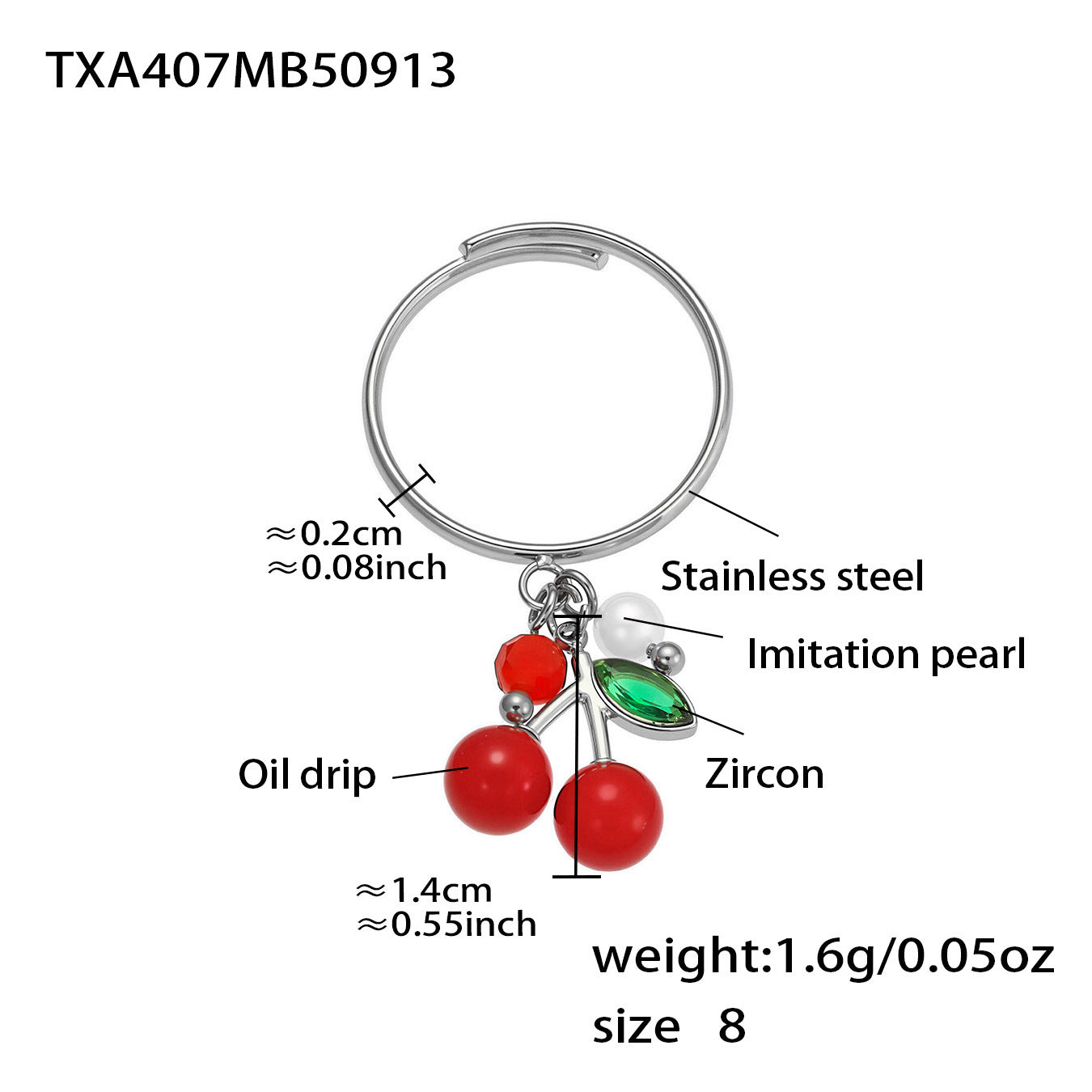 Stainless Steel Oil-dripped Red Cherry Finger Rings Inlaid With Zircon