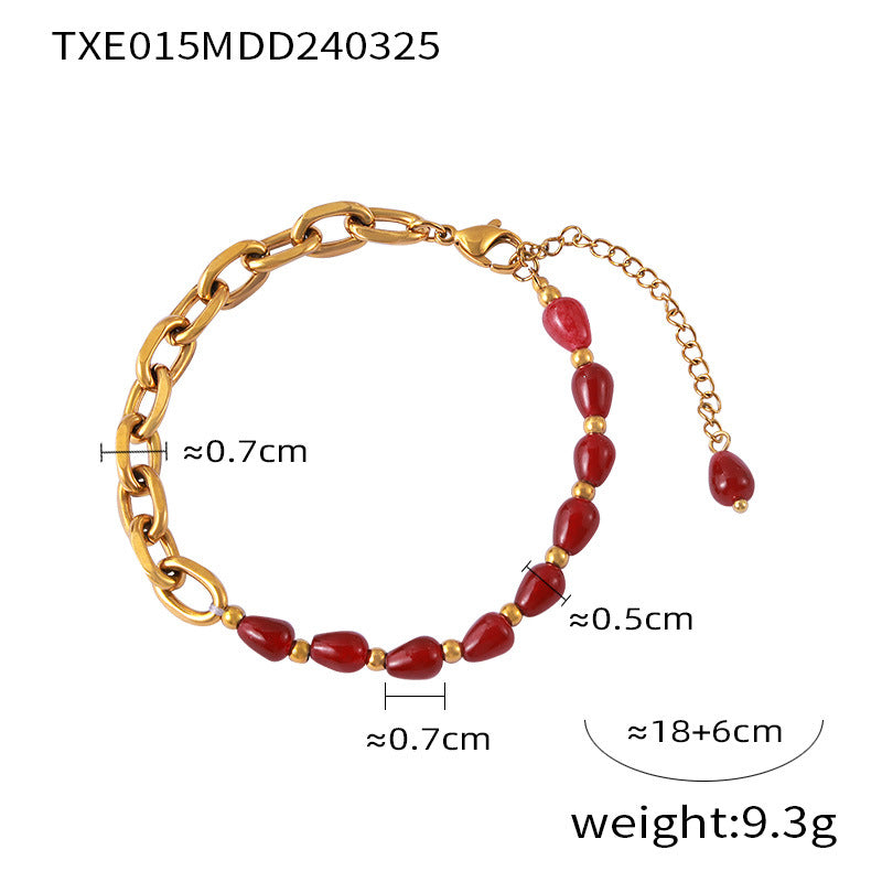 Red Agate Garnet Handmade Beaded Bracelet Gold Color