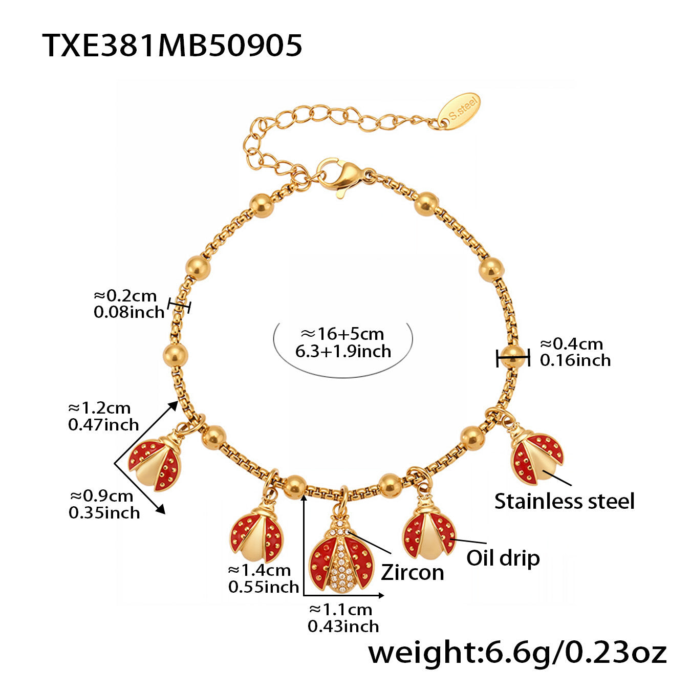 Stainless Steel Clip Bead Bracelet With Red Oil Bripping Beetle And Zirconium