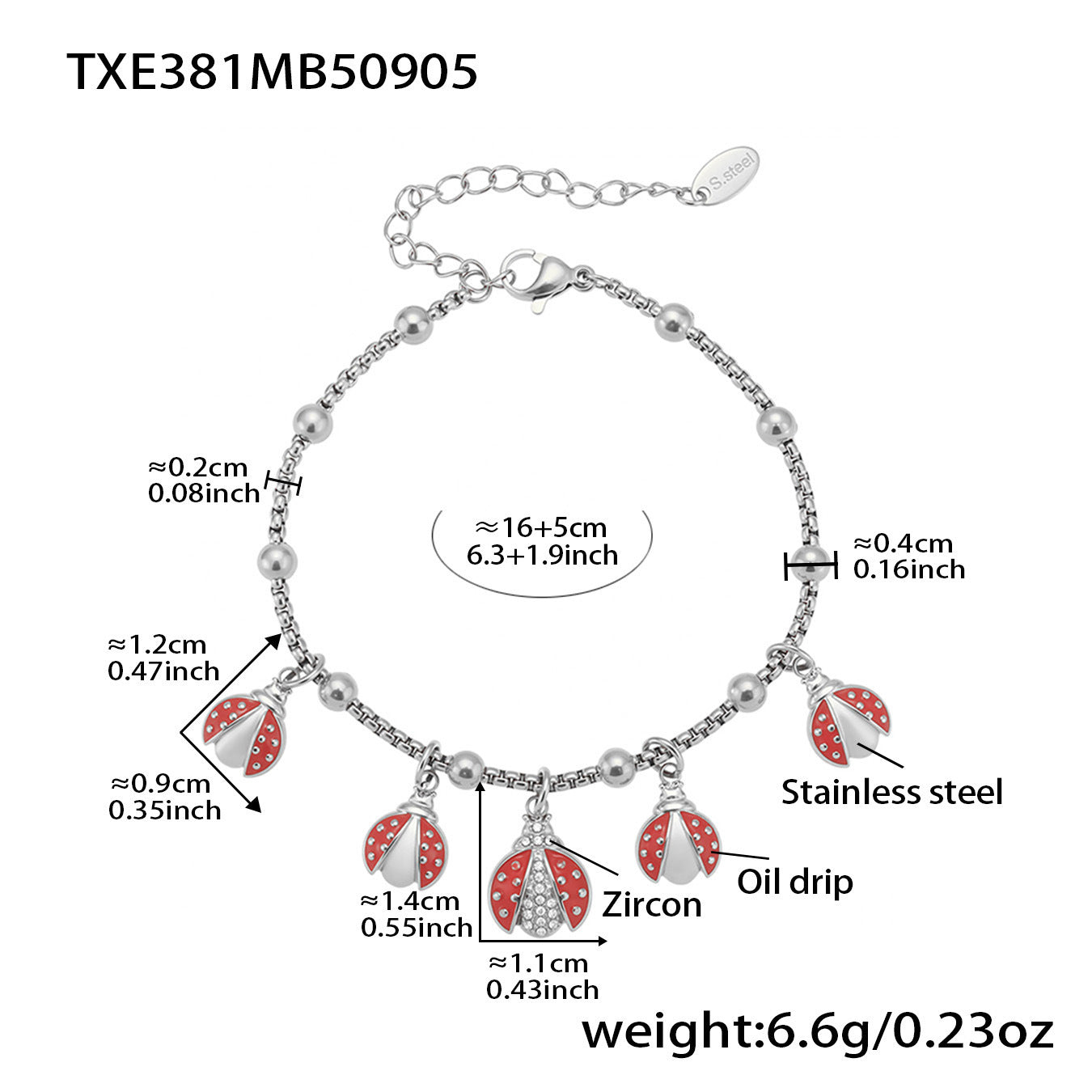 Stainless Steel Clip Bead Bracelet With Red Oil Bripping Beetle And Zirconium