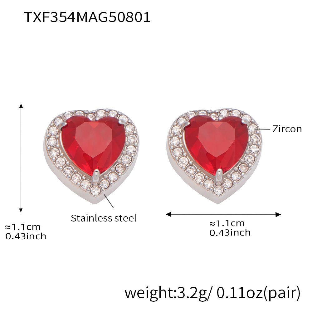Starry Red Zircon Heart Earrings Stainless Steel