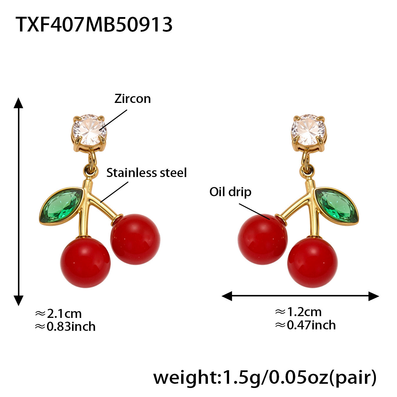 Oil-dripped Red Cherry Earrings Inlaid With Zircon Stainless Steel