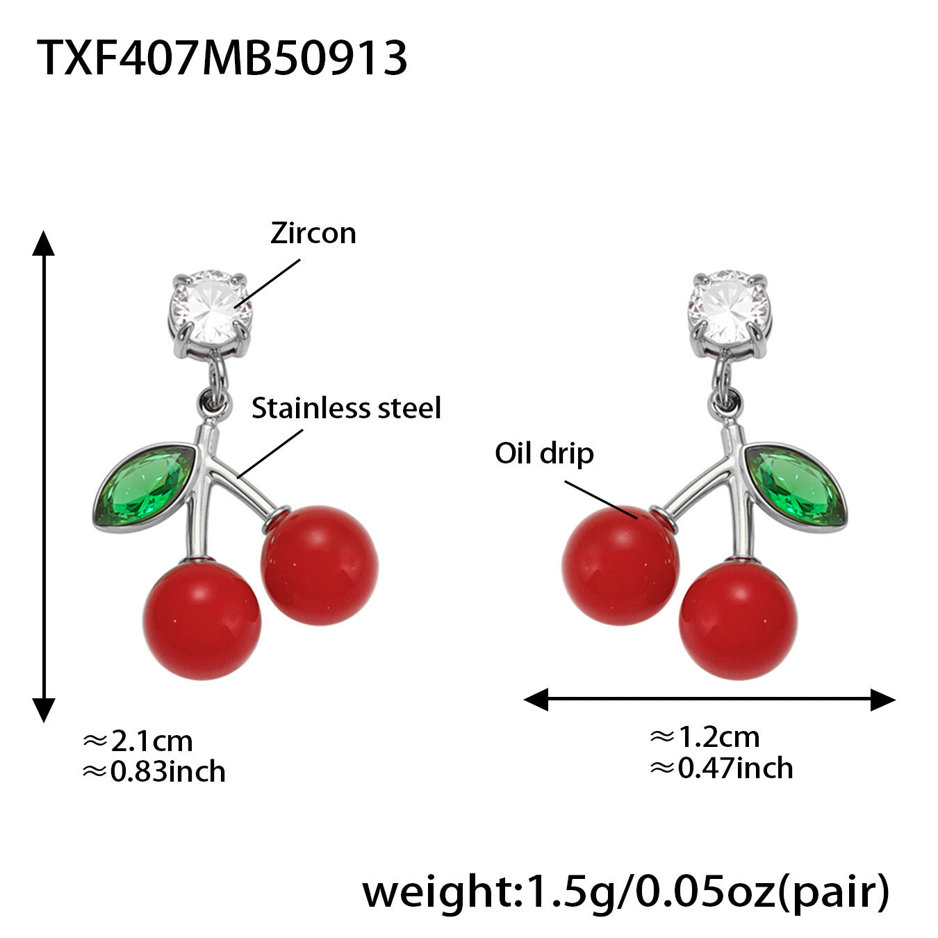 Oil-dripped Red Cherry Earrings Inlaid With Zircon Stainless Steel