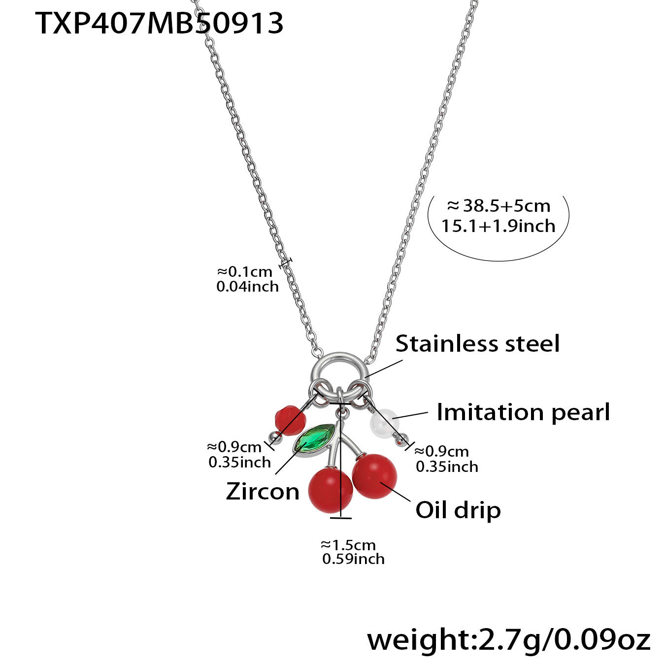 Stainless Steel Oil-dripped Red Cherry Necklace Inlaid With Zircon