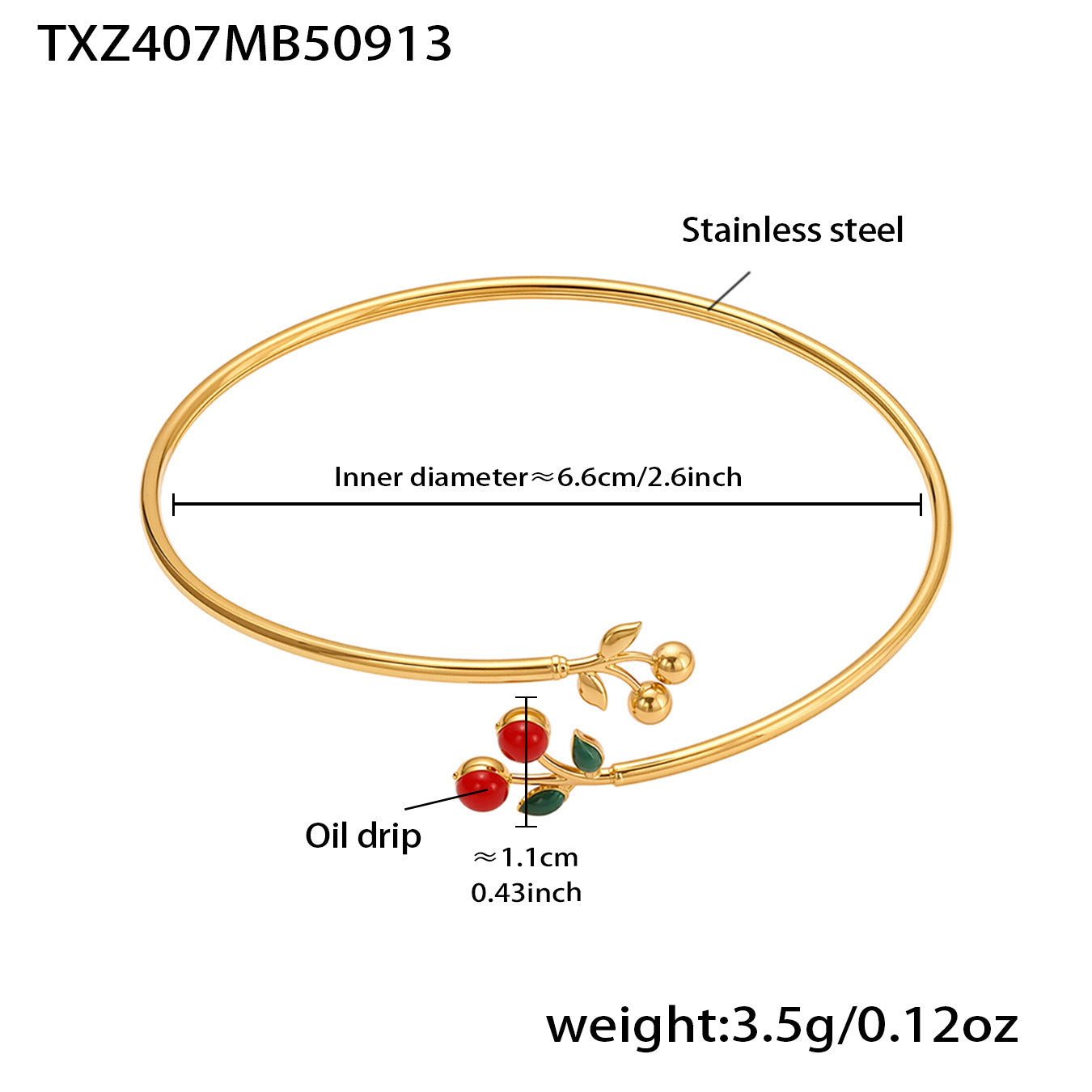 Stainless Steel Oil-dripped Red Cherry Bangle Inlaid With Zircon
