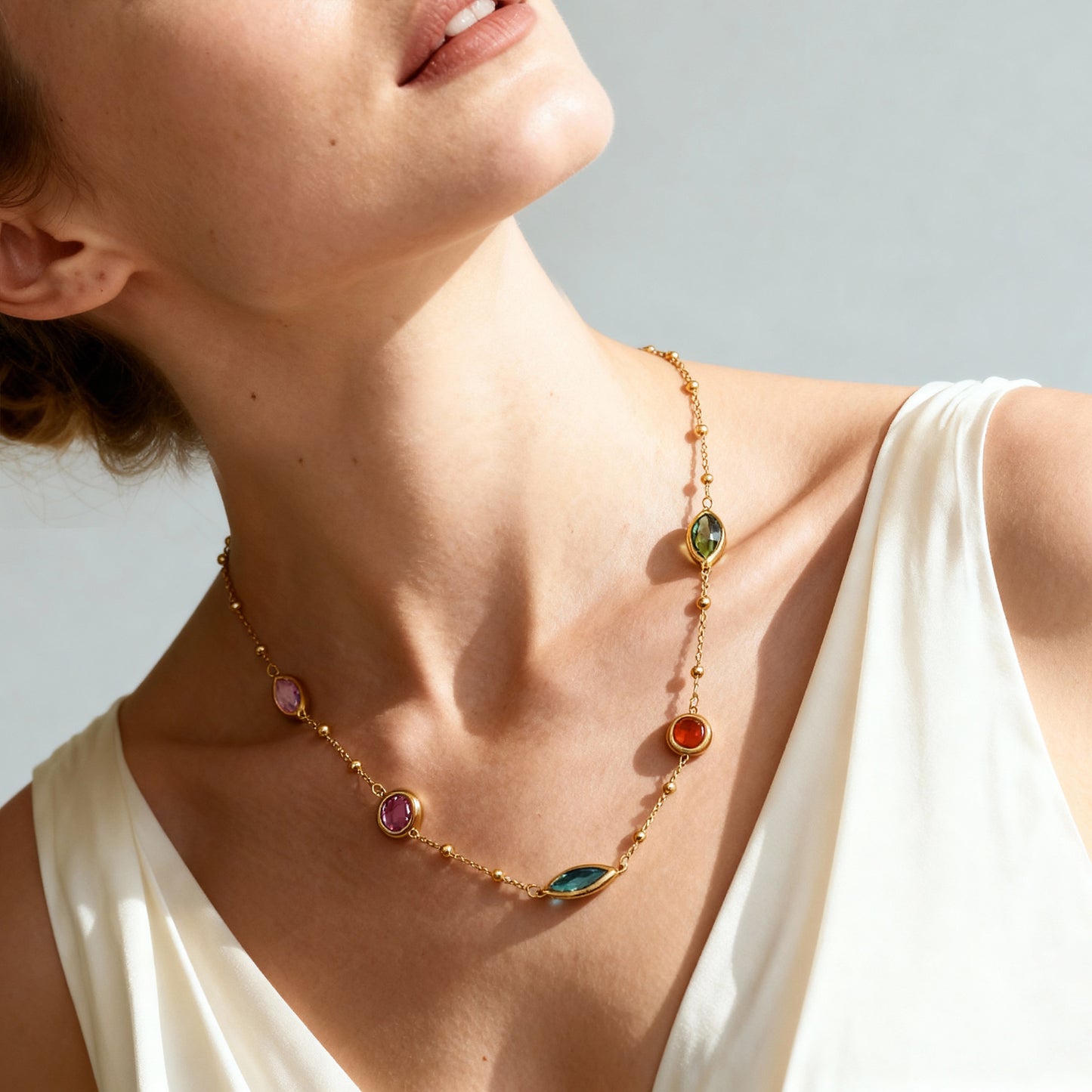 Rainbow Sea Glass Necklace | Gold Beaded Multicolor Statement Jewelry