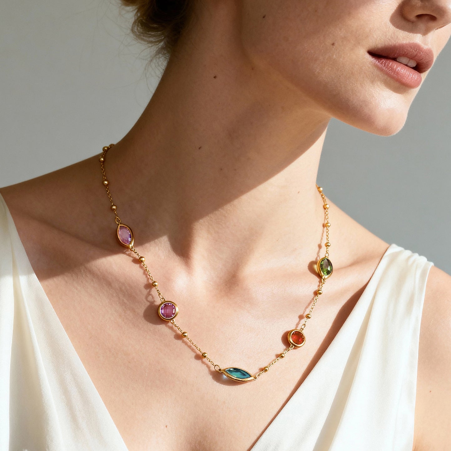 Rainbow Sea Glass Necklace | Gold Beaded Multicolor Statement Jewelry