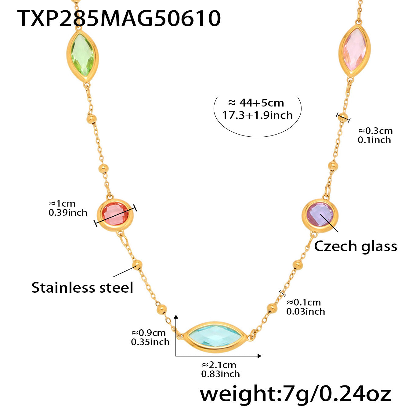 Size chart image for rainbow sea glass necklace