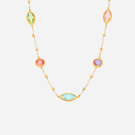 Colorful sea glass necklace with gold beaded chain on white background