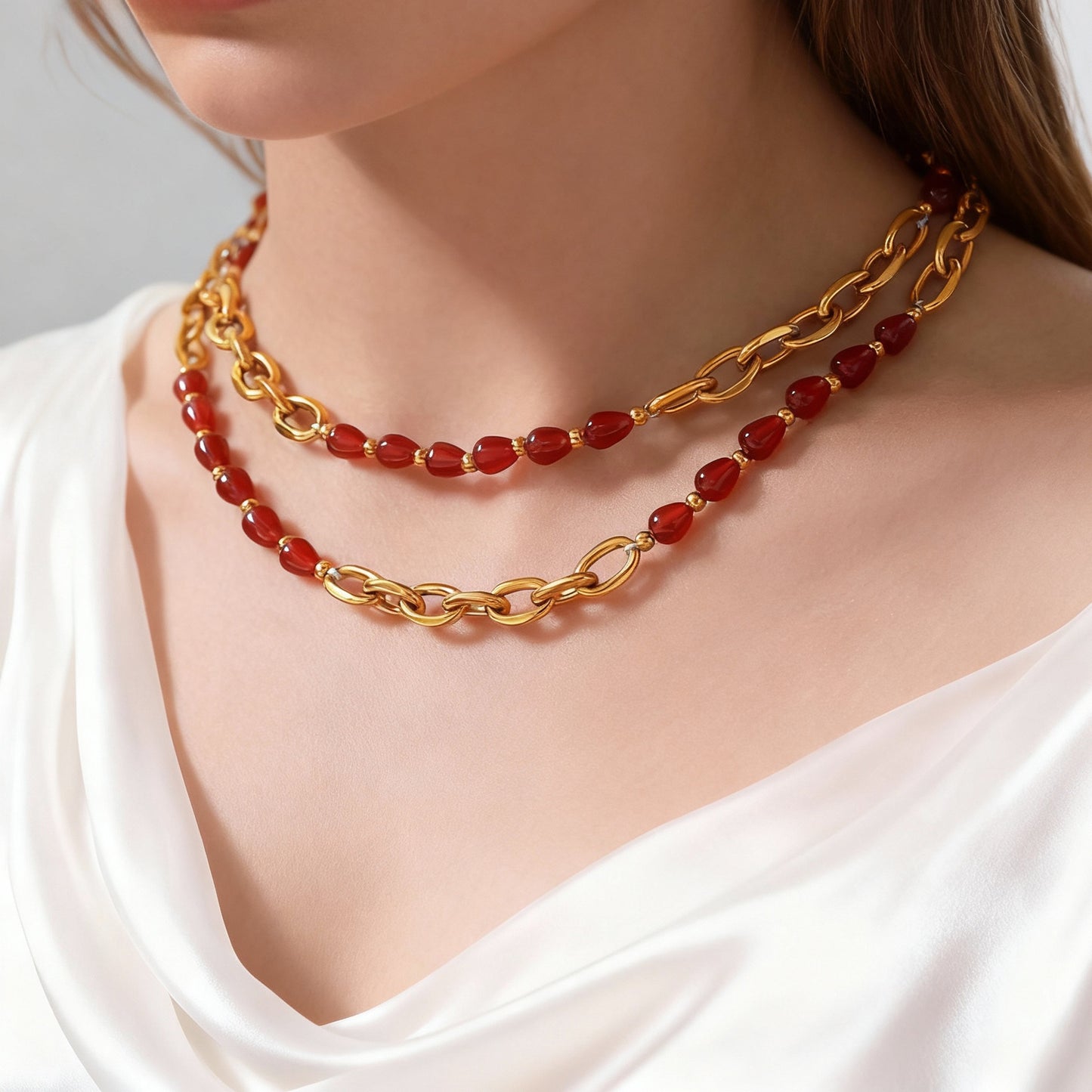 Collar de cuentas de ágata roja y granate en acero inoxidable