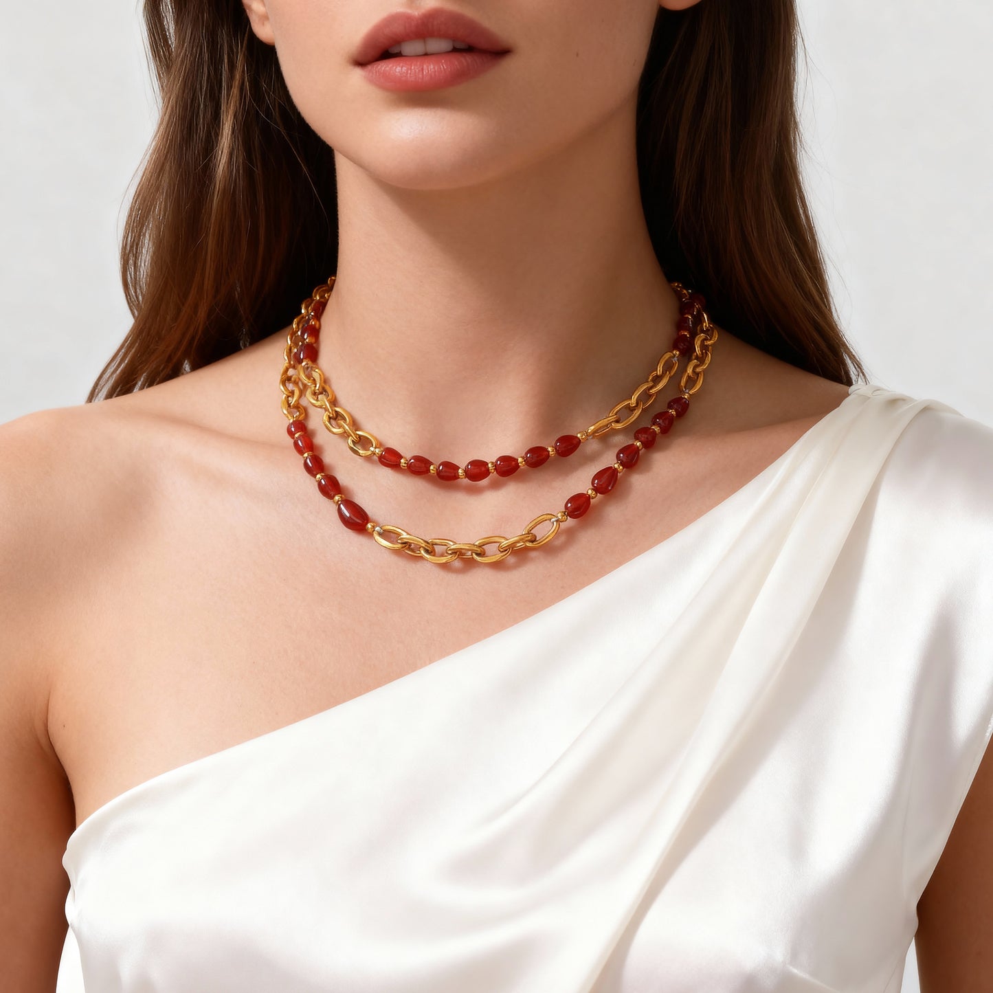 Collar de cuentas de ágata roja y granate en acero inoxidable