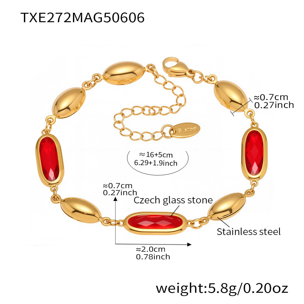 TXE272 Red Czech Glass Stone Bracelet with Material and Weight Specs
