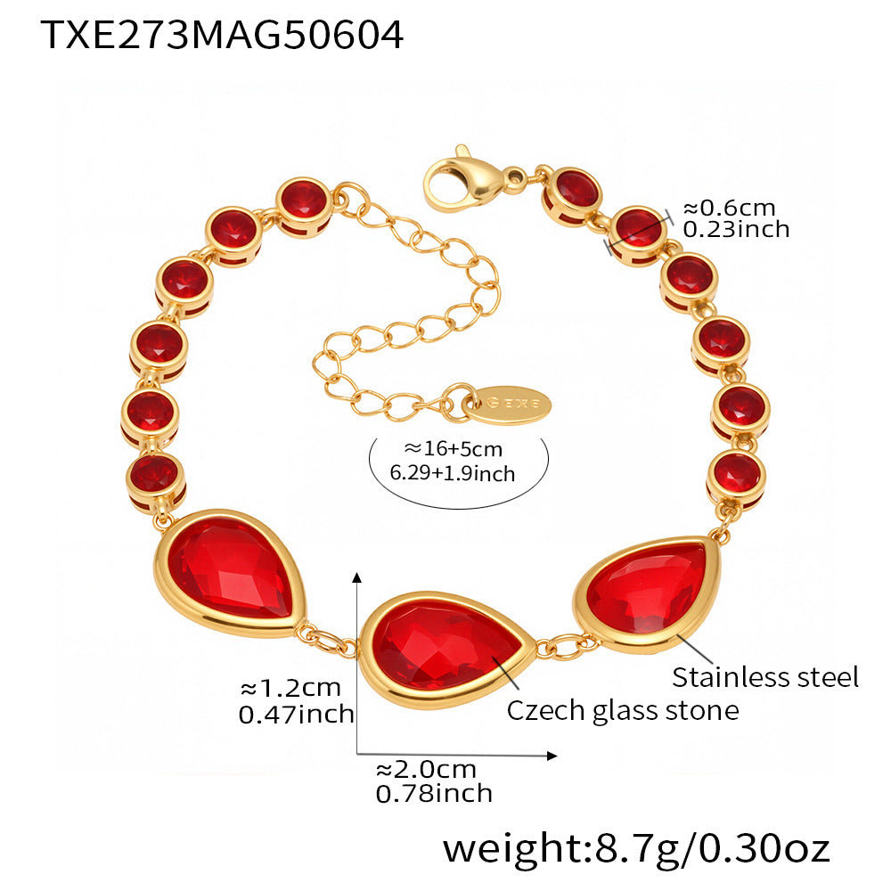Red teardrop sea glass bracelet measurement chart, waterproof stainless steel with bezel crystal links