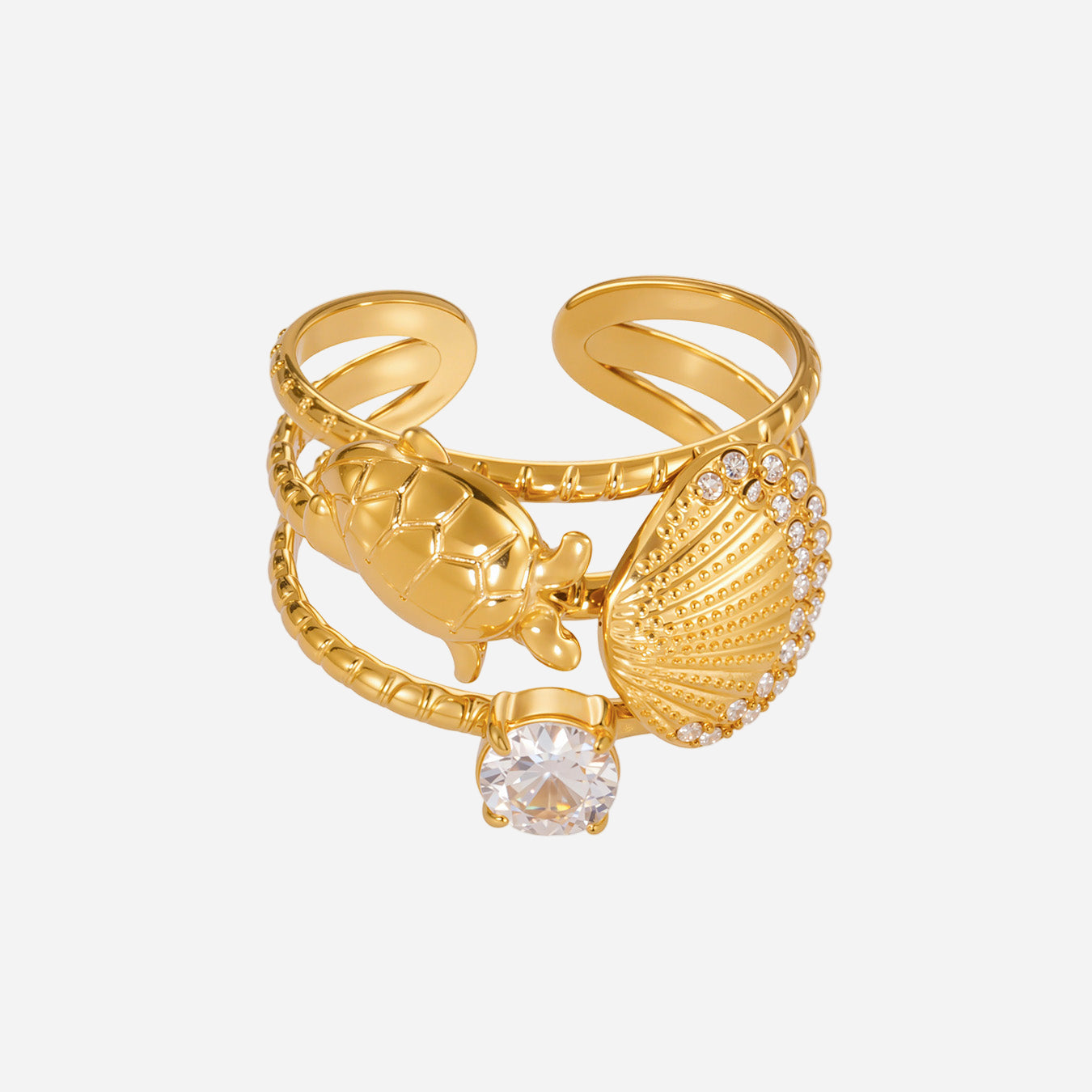 Stainless Steel Zircon Shell Rings Adjustable
