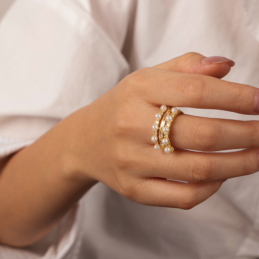 Geometric Imitation Pearl Ring – Open Zircon Accent Design
