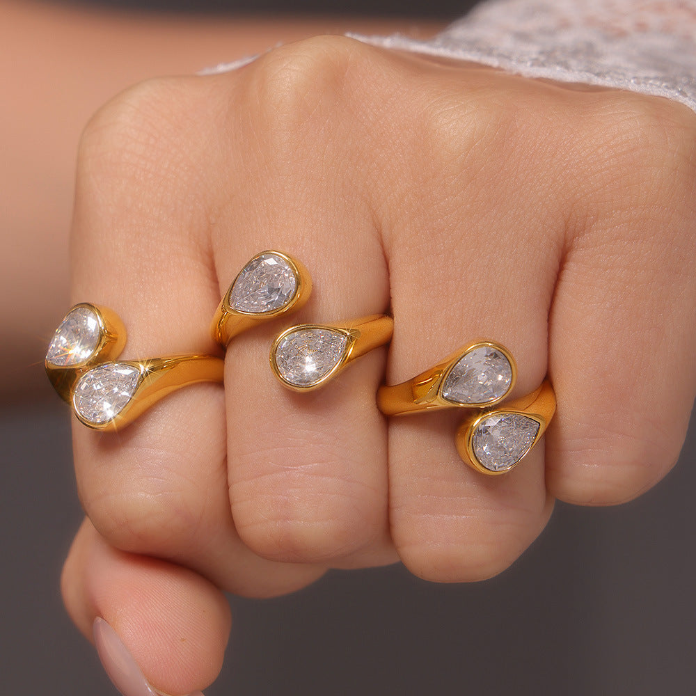 3A Zircon Double Drop Ring – Adjustable Stainless Steel