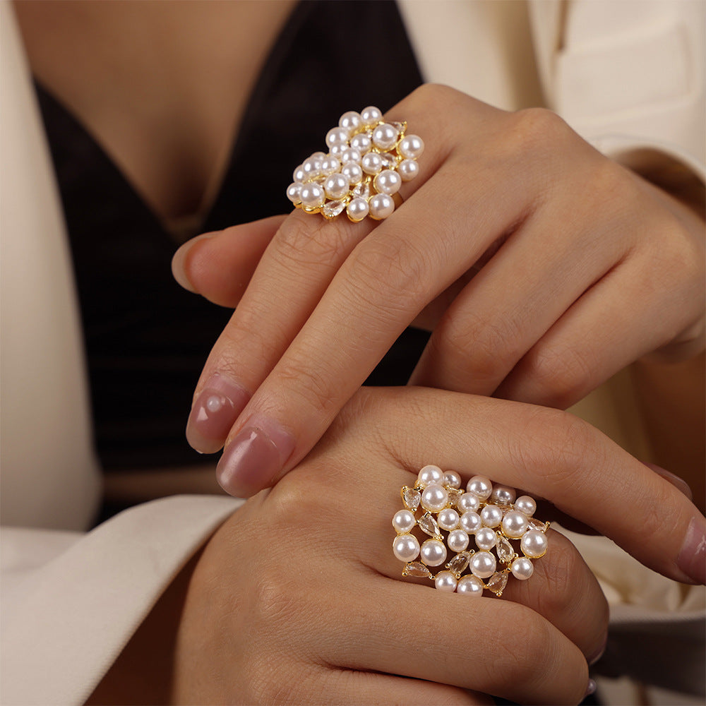Irregular Copper Zircon Imitation Pearl Ring