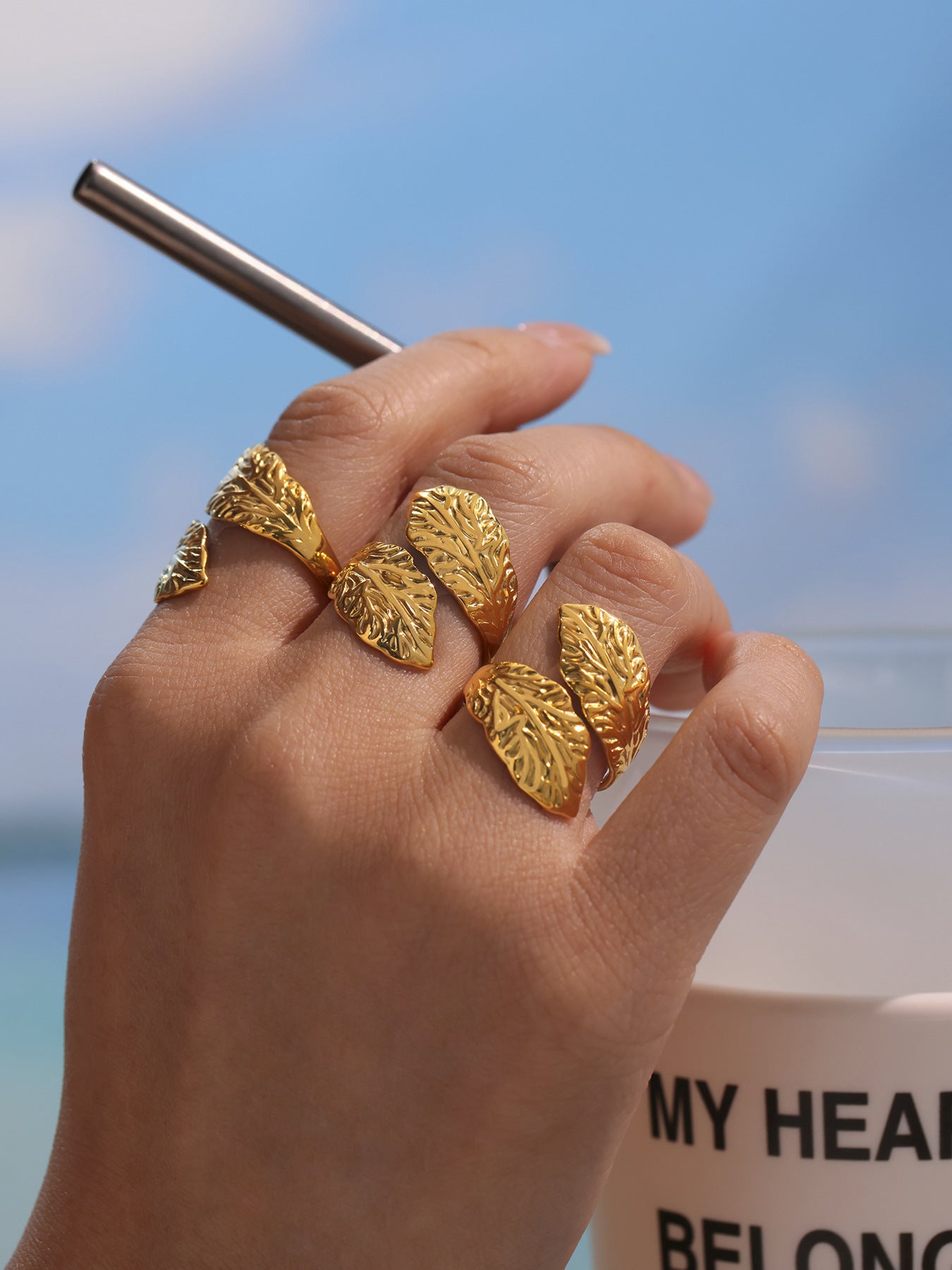 Stainless Steel Leaf Texture Open Ring Women