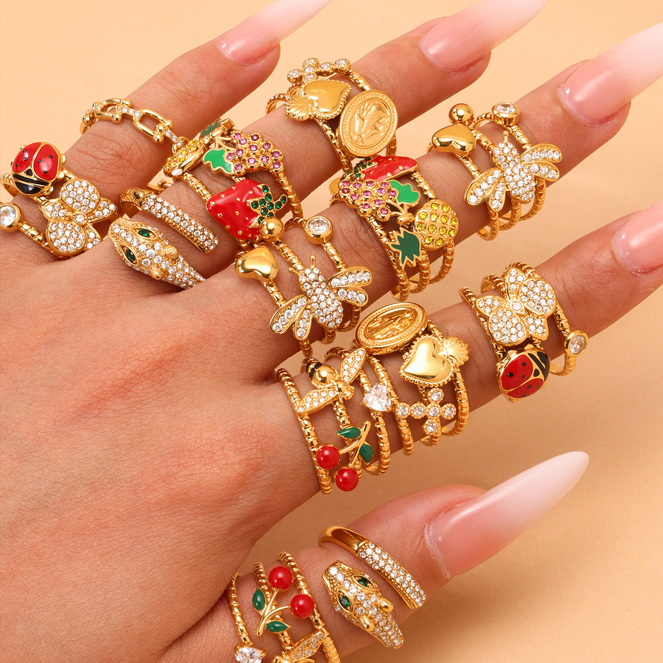 5A Zircon Handmade Oil Drop Cherry Open Rings