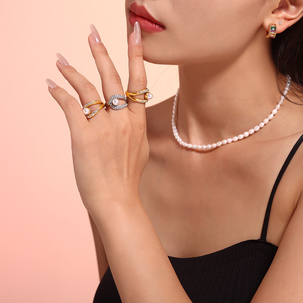 Imitation Pearl Stainless Steel Rings With Zircon