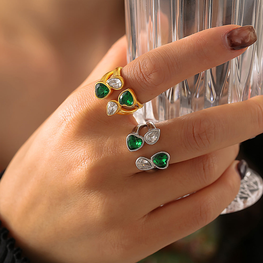 Double-Layer Love Water-Drop Glass Stone Stainless Steel Ring