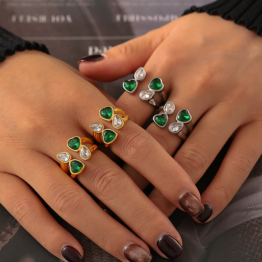 Double-Layer Love Water-Drop Glass Stone Stainless Steel Ring