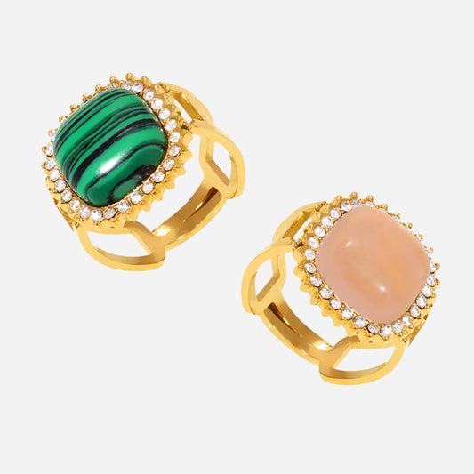 3A Zirconia Inlaid Natural Stone Open Ring Stainless Steel
