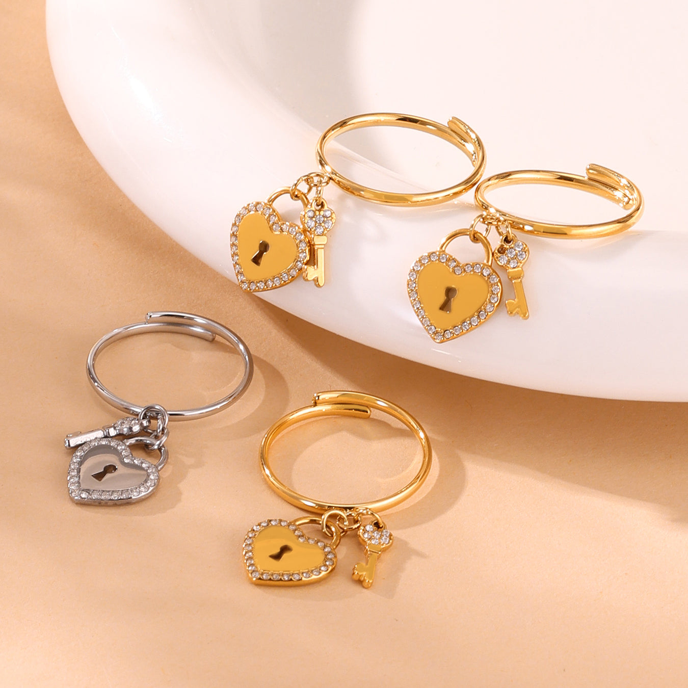 Heart Lock Key Charm Rings