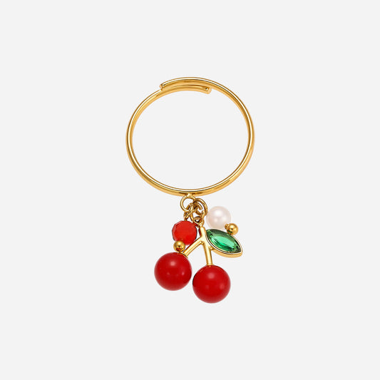Stainless Steel Oil-dripped Red Cherry Finger Rings Inlaid With Zircon