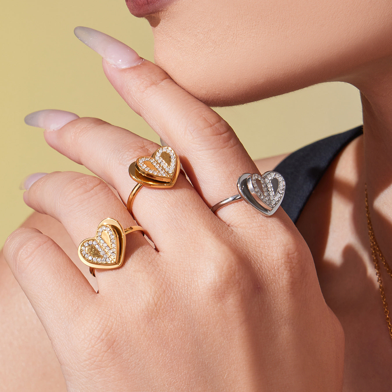 Super Shiny 5A Zircon Three-dimensional Double-layer Heart Rings