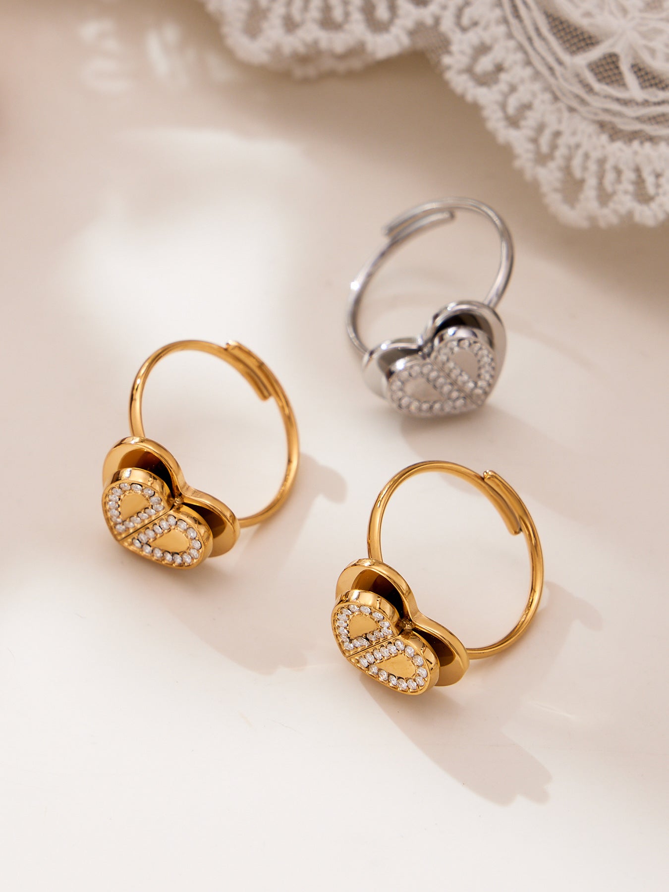 Super Shiny 5A Zircon Three-dimensional Double-layer Heart Rings
