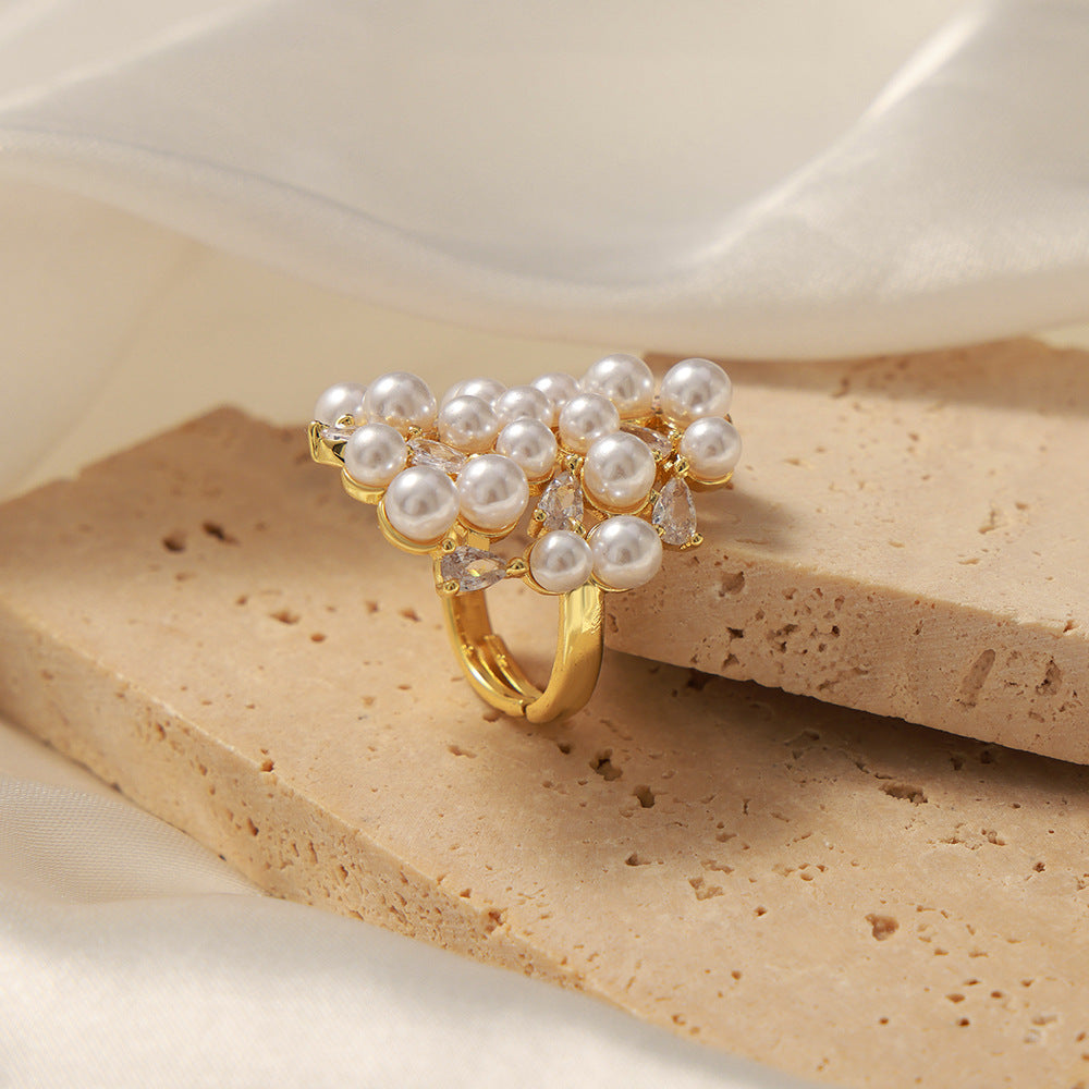 Irregular Copper Zircon Imitation Pearl Ring
